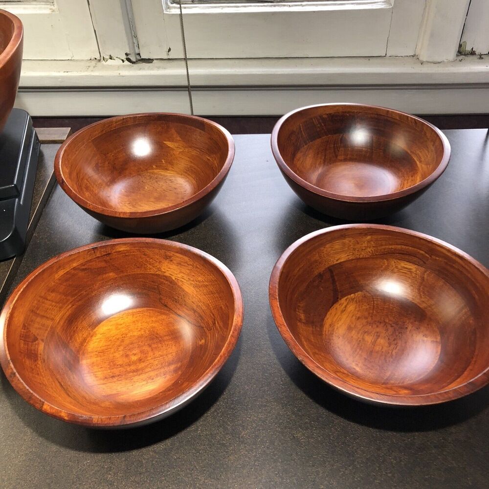 7 Piece  Salad Set Cherrywood Large Wavy Salad Bowl with Servers 4 Indiv Bowls - Picture 8 of 14